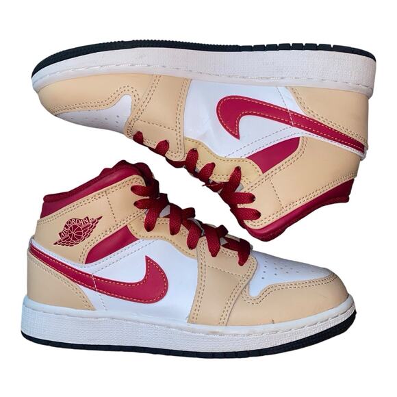 Nike Air Jordan 1 Mid Beige Red Onyx Light Curry Sneakers 554725-201 GS 3.5Y - Picture 1 of 8